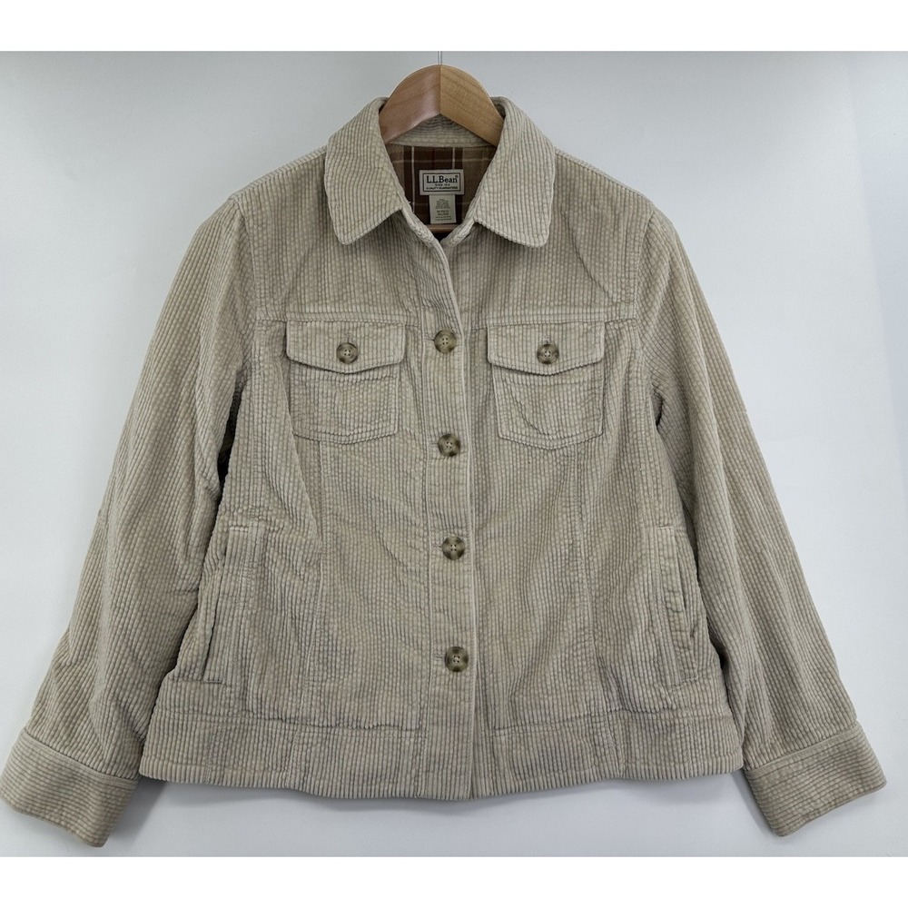 LL Bean Womens  Corduroy Flannel Lined Button Up Jacket Beige Cotton Medium R